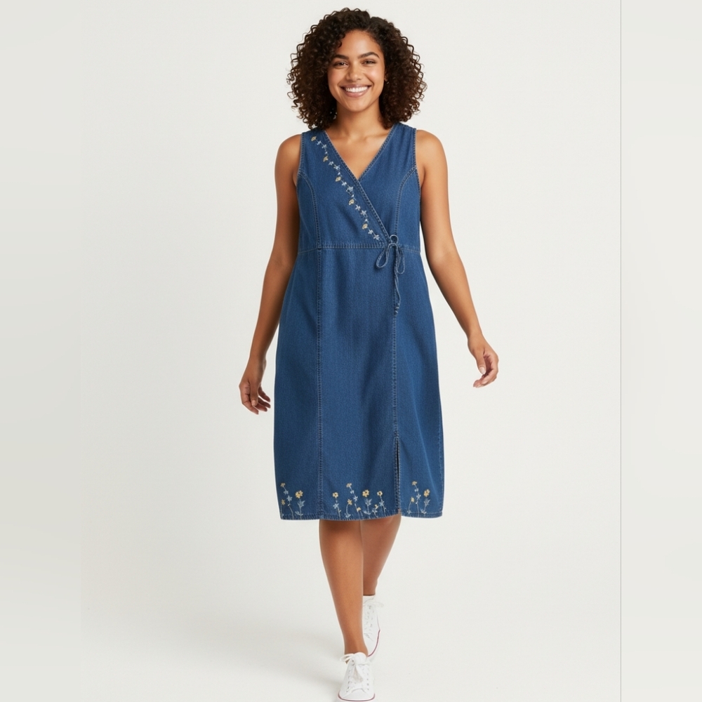 Speed Limit Floral Embroidered 100% Cotton Denim Jeans A Line Midi Dress 2X (T20